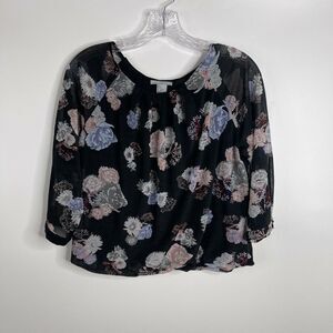H&M Womens Top Size S Floral Crop Blouson 3/4 Sleeve Round Neck‎ Blouse